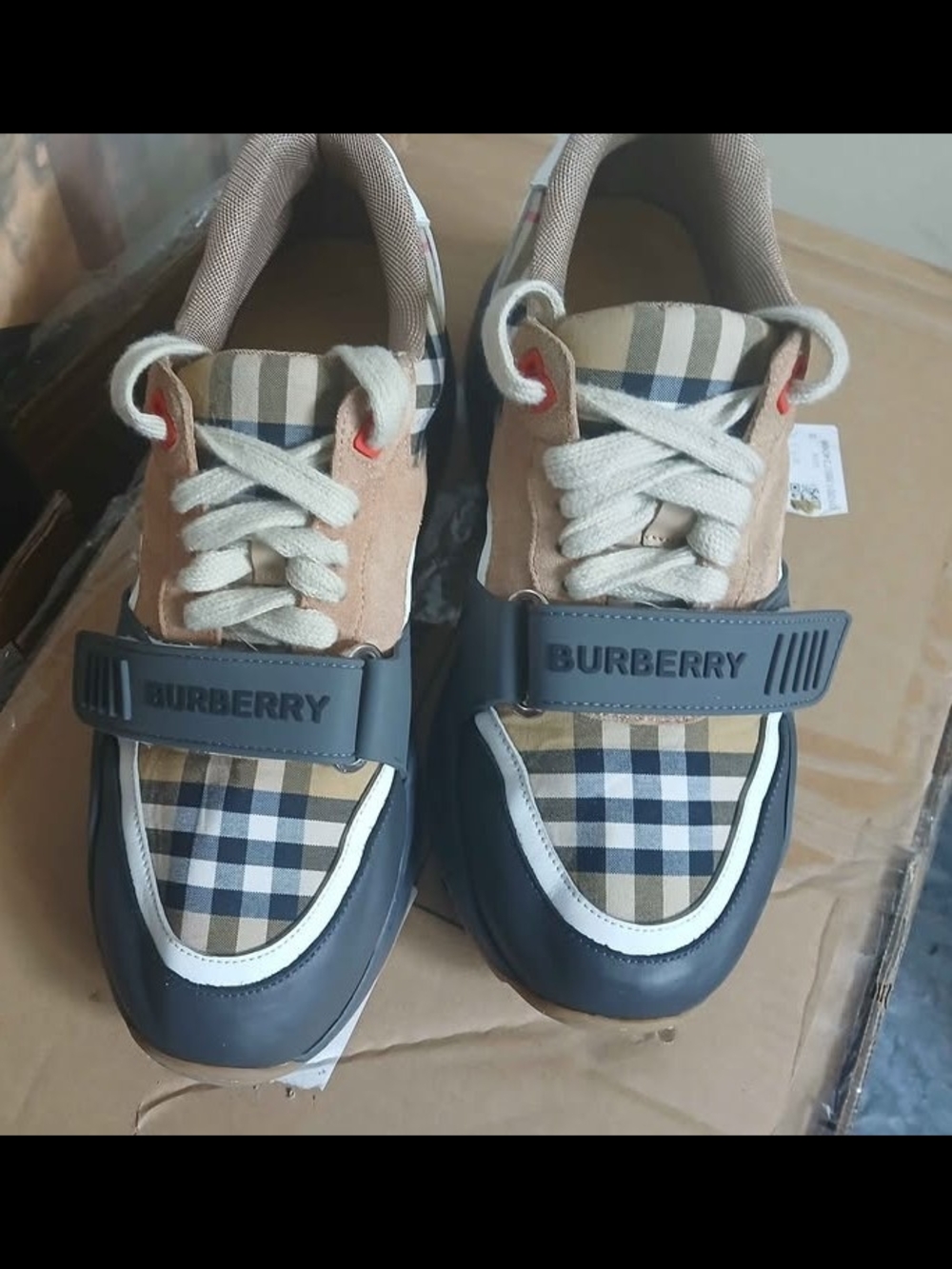 Burberry Beige and Tan Check Strap Sneakers